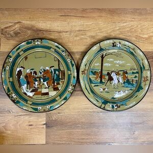 Set of antique Deldare Ware Glaze Buffalo Pottery large 13.5” plates circa 1908
